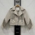 Beige leatherlook jas met franjes