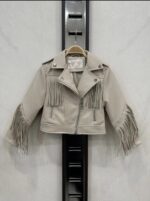 Beige leatherlook jas met franjes