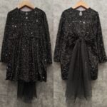 Zwarte glitter jurk met een strikje - Afbeelding 2