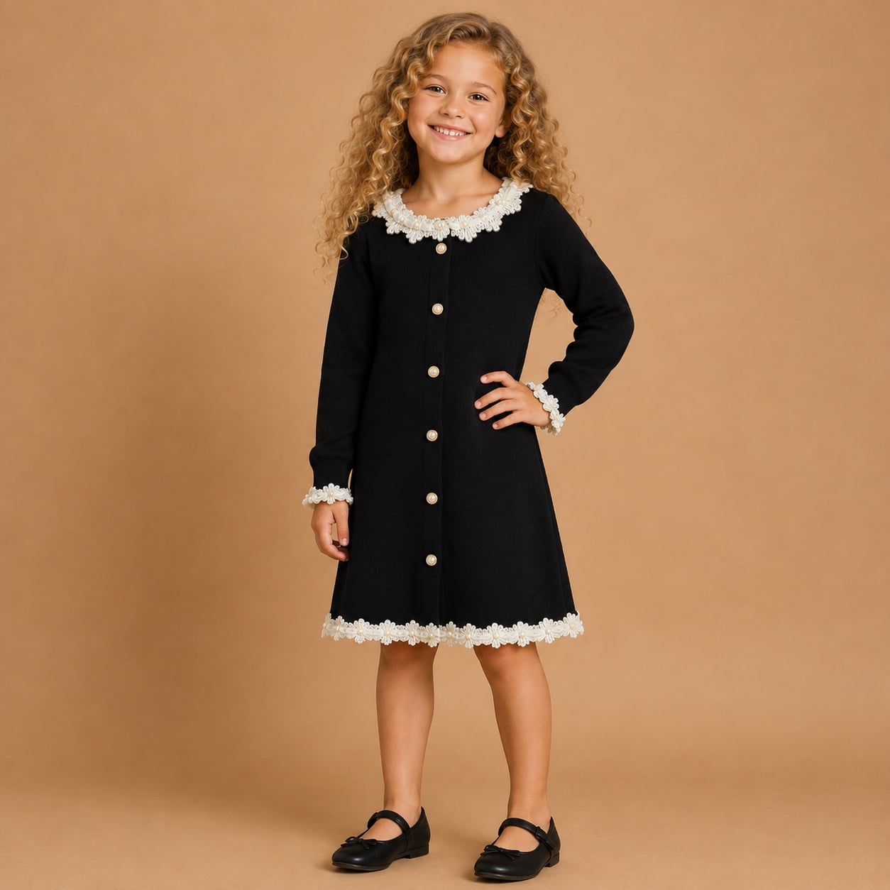 Zwarte_Gebreide_Meisjesjurk_met_kanten_details_lavi_kids