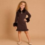 Bruine_Gebreide_Meisjesjurk_met_Bont_Details_Lavi_Kids