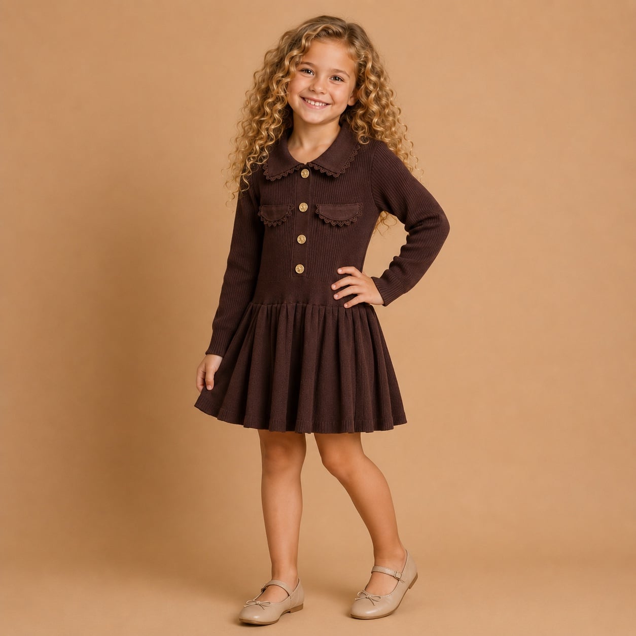 Bruine_Gebreide_Meisjesjurk_met_een_kraag_avi_kids