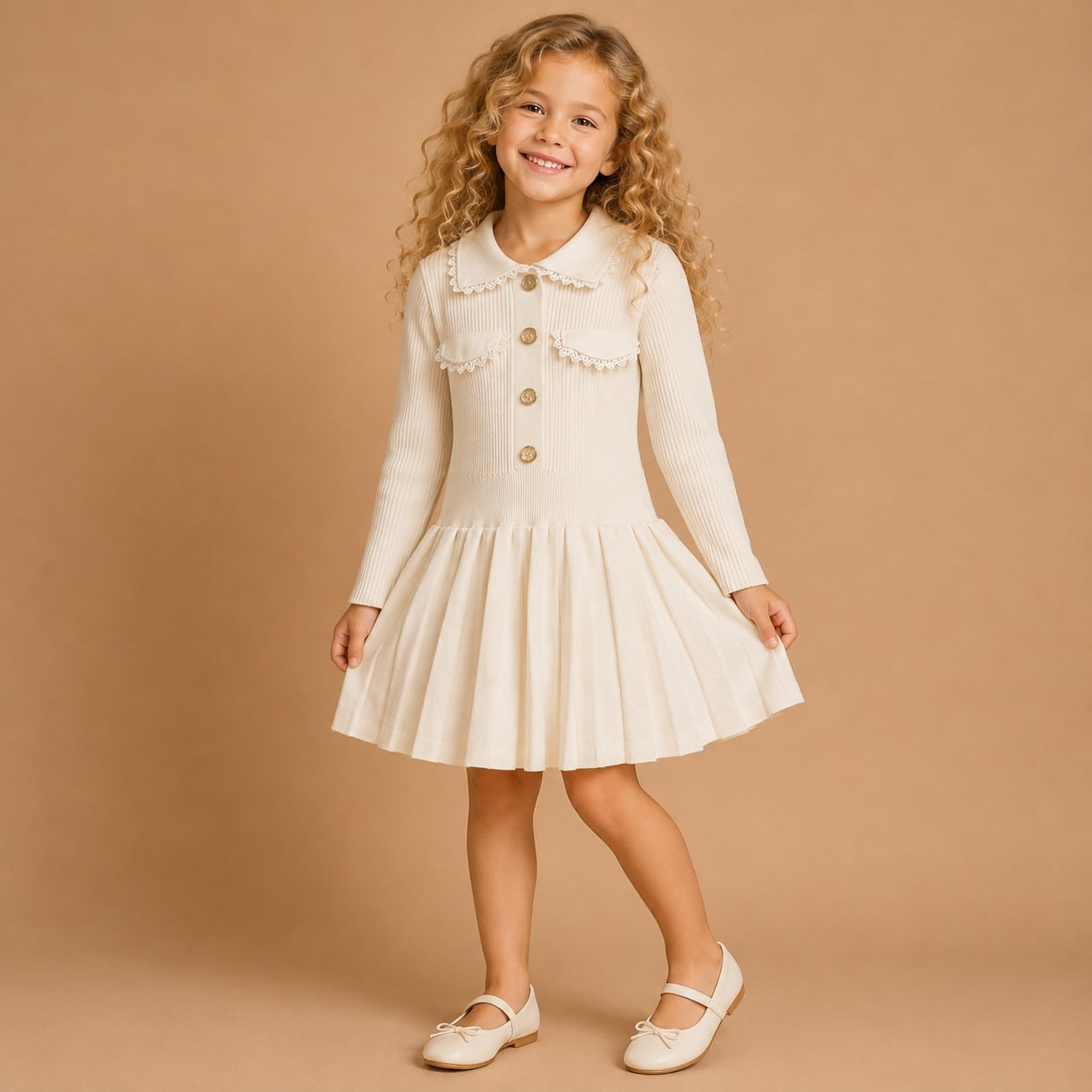 Creme_Gebreide_Meisjesjurk_met_een_kraag_lavi_kids