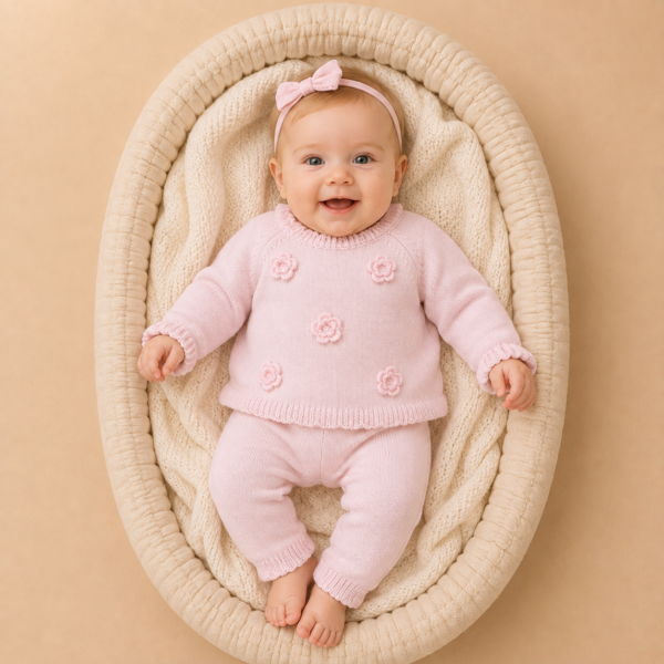 Roze_gebreide_setje_met_bloemetjes_lavi_kids