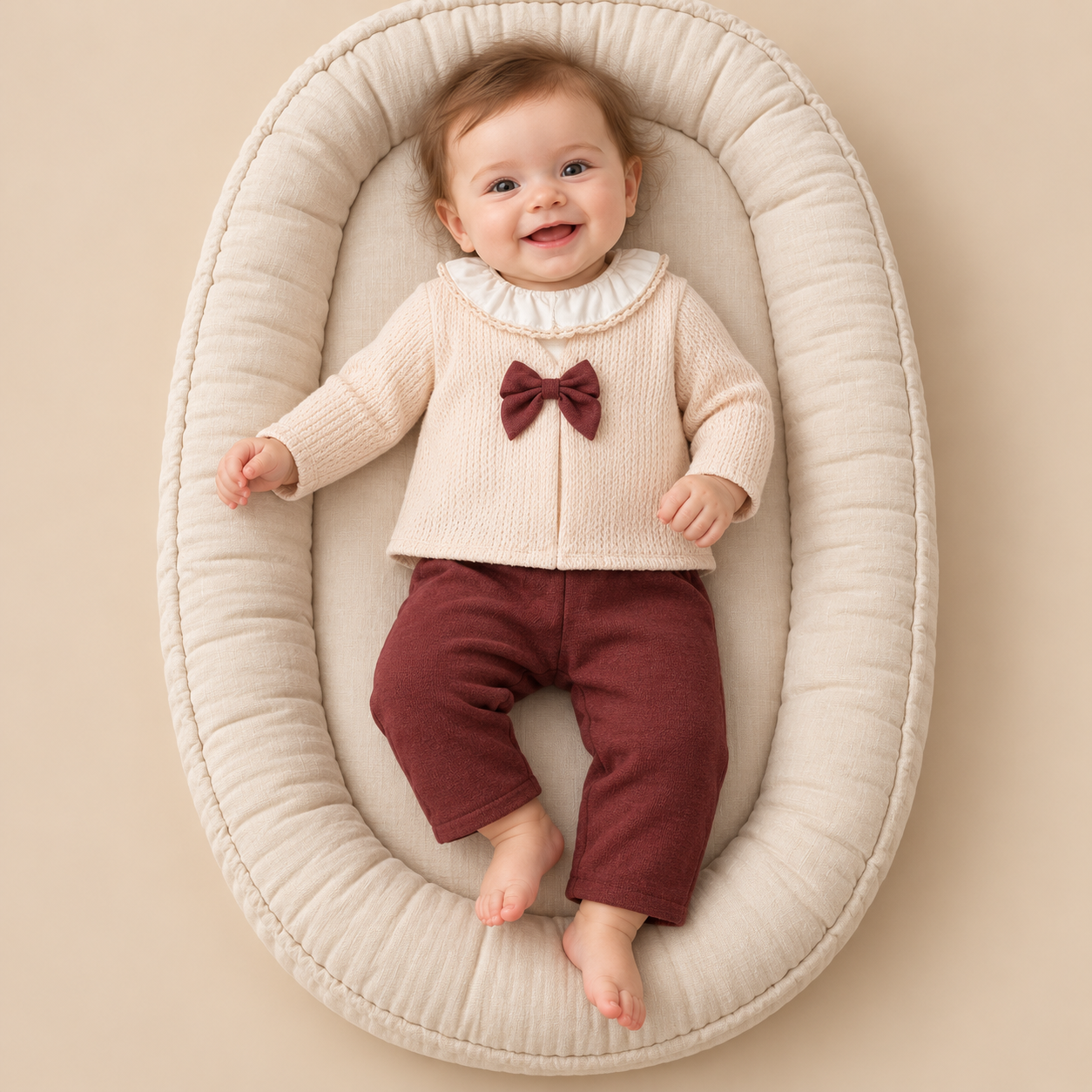 Babymeisje in beige breiset met bordeaux strik Little Bow_ _Babymeisjes_setje_met_strik_lavi_kids