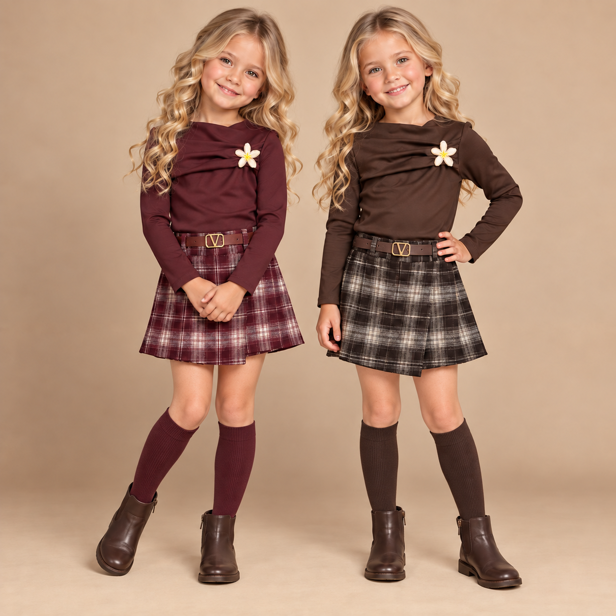 Twee meisjes met bordeauxrode en bruine kniekousen Meisjessetje_met_Bloemdetail_en_Geruite_Skort_lavi_kids